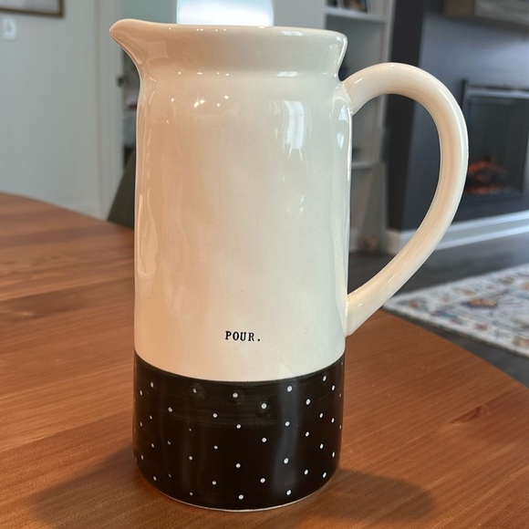 Rae Dunn "Pour" Pitcher Black and Cream Accent Polka Dots. RARE. - Picture 1 of 10